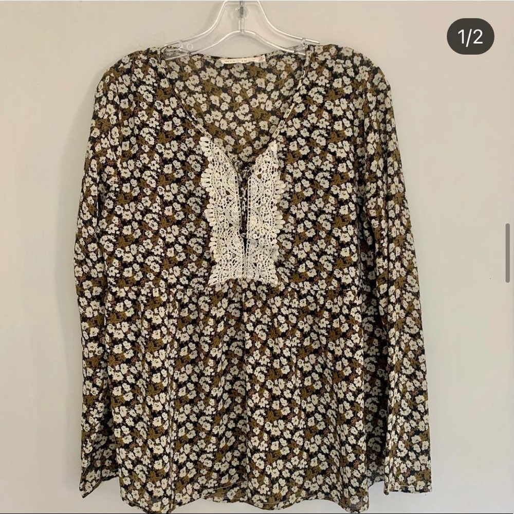 Olive green floral boho blouse